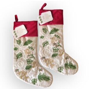 2 Sigrid Olsen 22" Embroidered Sea Shell Coastal Christmas Stockings Beach NWT